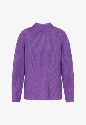 Lila kötött pulóver bordázott textúrával, magas nyakkivágással és hosszú ujjakra. Az anyag puha és testes megjelenésű.