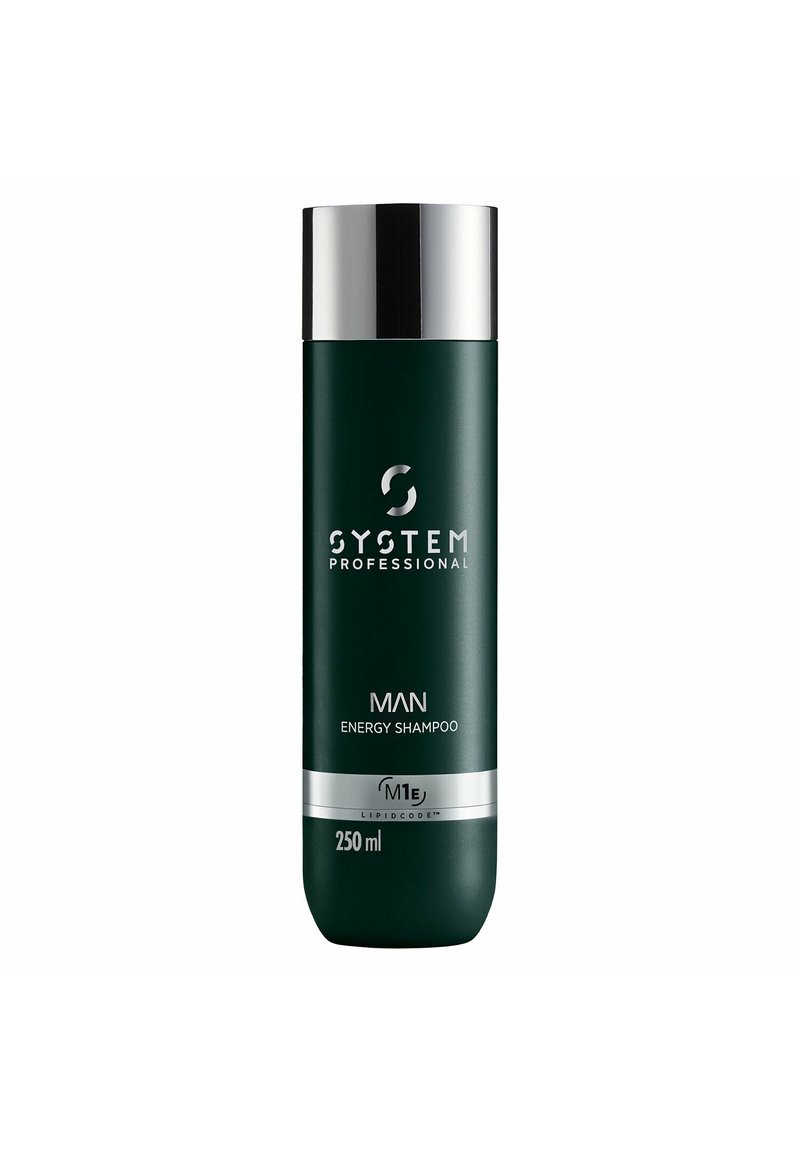 Grüne Kunststoffflasche mit einem silbernen Deckel. "System Professional MAN Energy Shampoo" Etikett in Weiß. 250 ml Fassungsvermögen, schlankes zylindrisches Design.