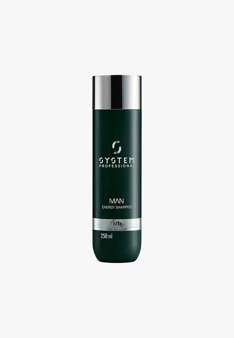 Grüne Kunststoffflasche mit einem silbernen Deckel. "System Professional MAN Energy Shampoo" Etikett in Weiß. 250 ml Fassungsvermögen, schlankes zylindrisches Design.