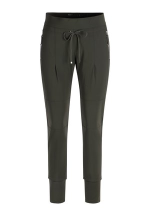 Slim-fit dark olive green pants with drawstring waist and zippered side pockets, designed with stitched knee panels.