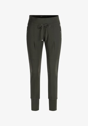 Slim-fit dark olive green pants with drawstring waist and zippered side pockets, designed with stitched knee panels.