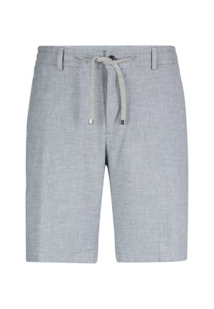 Lichtgrijze geweven korte broek met riemlussen, een knoopsluiting en een grijs trekkoord ter hoogte van de taille.