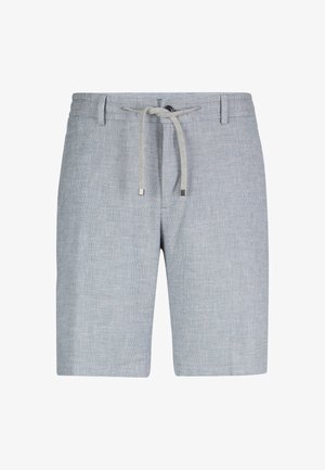 Lichtgrijze geweven korte broek met riemlussen, een knoopsluiting en een grijs trekkoord ter hoogte van de taille.