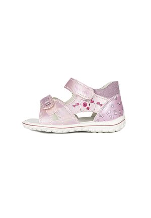 Różowe sandały o błyszczącym wykończeniu, z wycięciami, regulowanymi paskami oraz nadrukiem z postacią z kreskówki na boku. Teksturowana podeszwa.