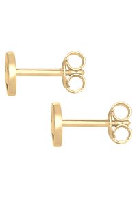 Złote kolczyki wkręty z okrągłym dyskiem i prostym prętem. Posiadają podwójne zapięcie dla bezpiecznego mocowania. Gładka faktura.