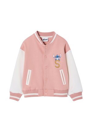 Pink and white varsity jacket with snap buttons, front pockets, ribbed cuffs, collar, and Disney Stitch character above a gold letter "S."