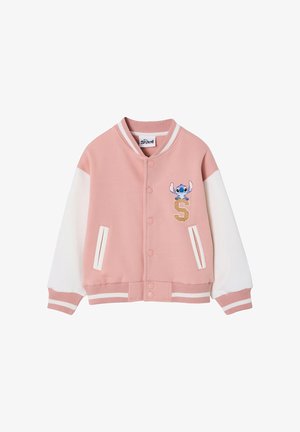 Pink-weiße Collegejacke mit Druckknöpfen, Fronttaschen, gerippten Bündchen, Kragen und der Disney Stitch Figur über einem goldenen Buchstaben "S".