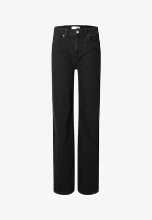 Sorte denimbukser med lige ben, fem-lomme stil, bæltestropper og knaplukning i taljen.