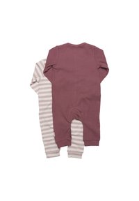 Zwei Baby-Schlafanzüge: einer in einfarbig dunklem Mauve, der andere in hellcreme mit dünnen lavendelfarbenen Streifen. Beide haben lange Ärmel und eine Knopfverschluss auf der Rückseite.