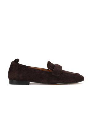 Dark brown suede loafer with low heel, rounded toe, and strap detail across the upper, shown against a white background.