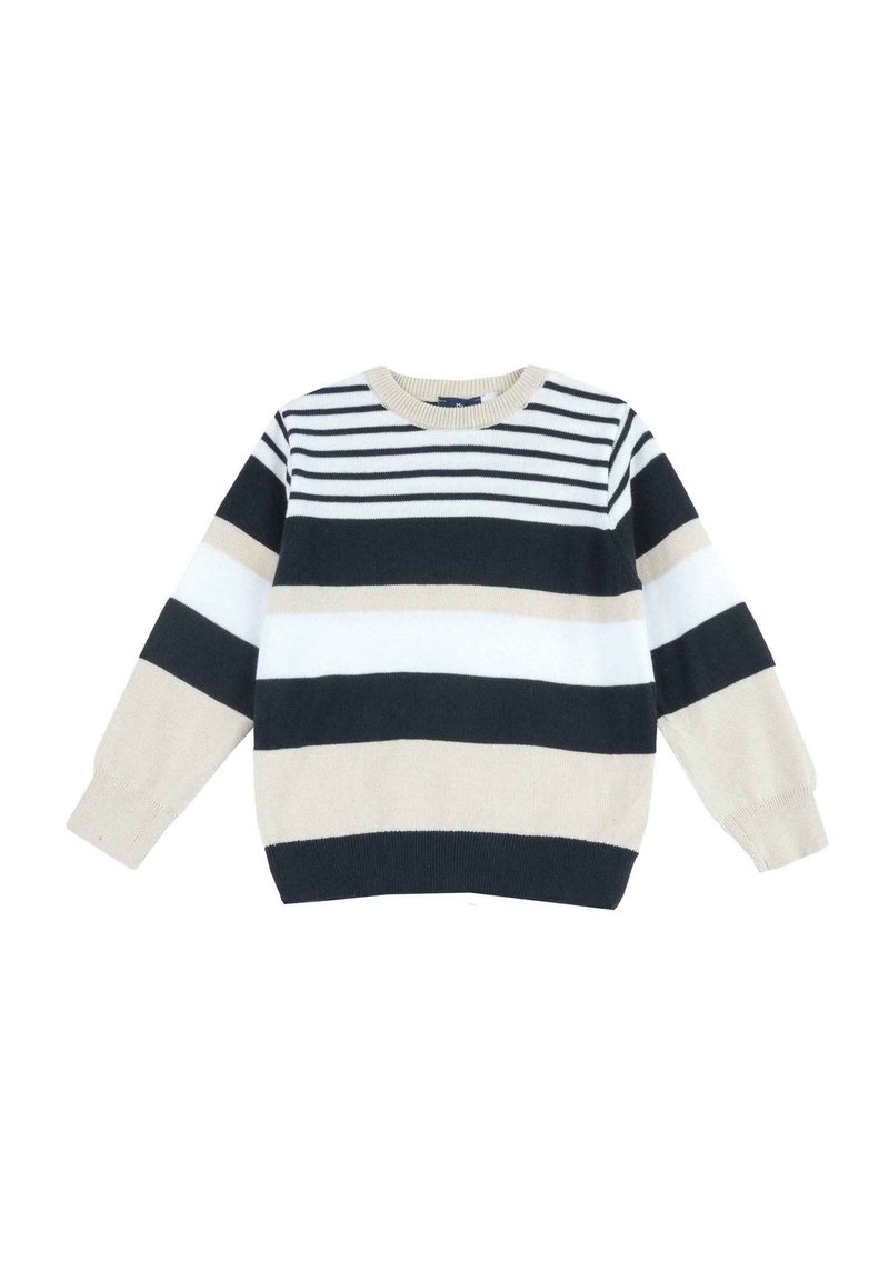 Maglione a righe in navy, beige e bianco, realizzato in tessuto morbido. Presenta un collo rotondo e maniche lunghe, con polsini e orlo a coste.