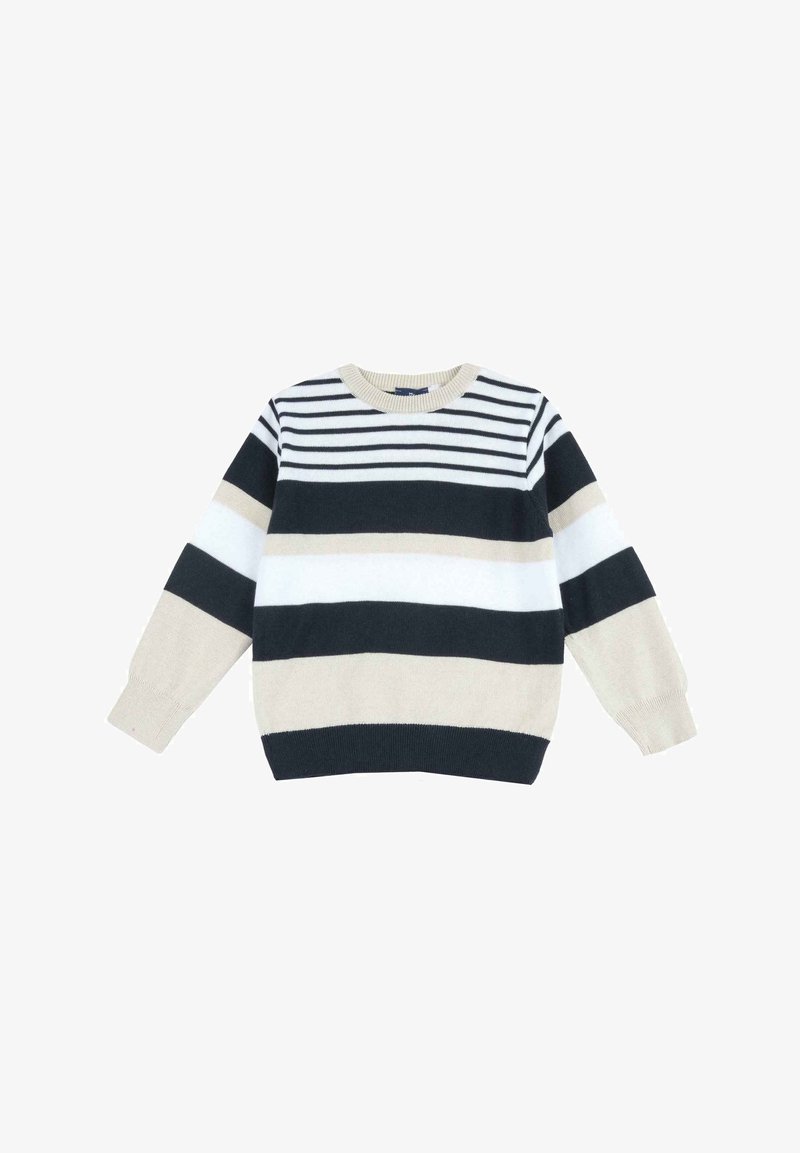 Gestreifter Pullover in Marineblau, Beige und Weiß, aus weichem Material. Verfügt über einen runden Halsausschnitt und lange Ärmel, mit gerippten Bündchen und Saum.