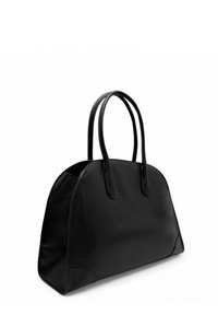 Sac en cuir noir avec deux longues anses, bords supérieurs arrondis et une base rectangulaire structurée sur un fond blanc.