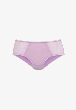 Heledasinised naiste aluspesu, millel on läbipaistvad täpilised paneelid ja ühtlase kangaga osad, ning madala vööjoonega hipsteri lõige.