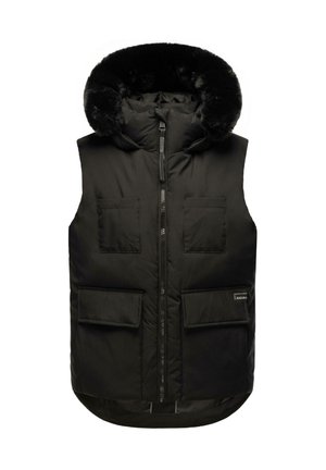 Crna bezrukavna puf jakna s kapuljačom obloženom krznom, koja ima prednji patent zatvarač, dva džepa na prsima i dva prednja džepa s preklopom.