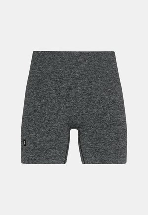 Pantaloni scurți atletici elastici, fără cusături, de culoare gri închis, cu o mică etichetă logo neagră pe partea stângă.