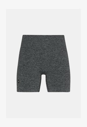 Pantaloni scurți atletici elastici, fără cusături, de culoare gri închis, cu o mică etichetă logo neagră pe partea stângă.