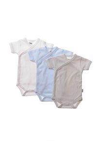 Three short-sleeve, wrap-style bodysuits in white, light blue striped, and light gray with snap closures and soft cotton fabric.