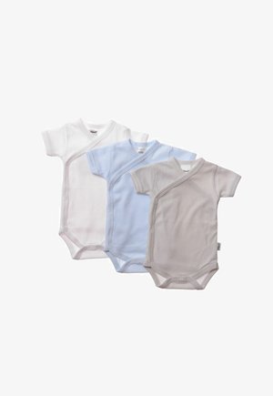 Three short-sleeve, wrap-style bodysuits in white, light blue striped, and light gray with snap closures and soft cotton fabric.