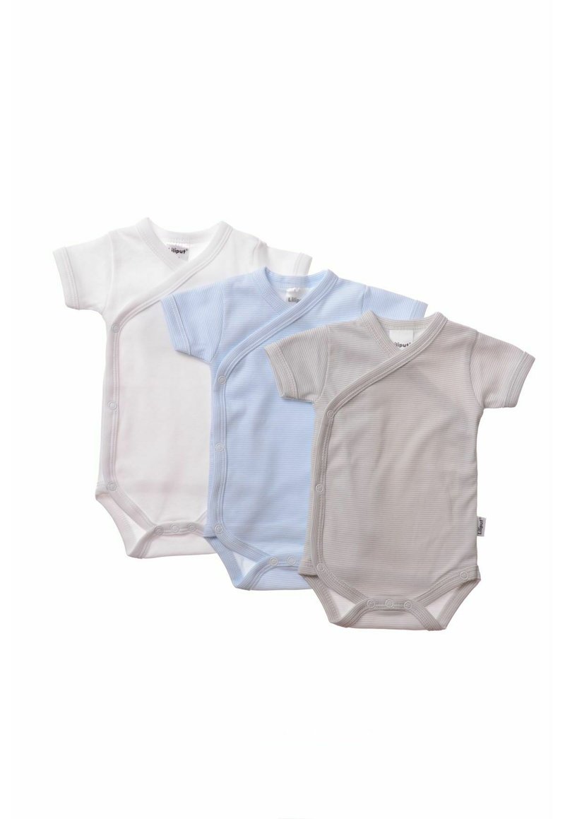 Three short-sleeve, wrap-style bodysuits in white, light blue striped, and light gray with snap closures and soft cotton fabric.