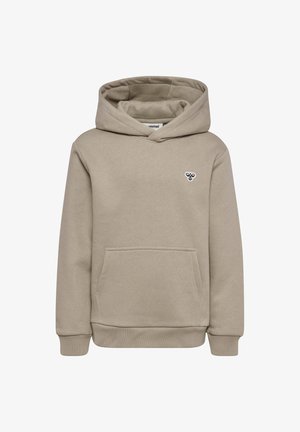 Beige capuchonsweater met voorzak, geribde boorden en zoom, en klein bijenlogo op de linkerborst.