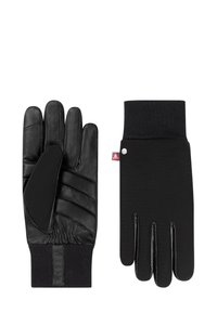 Schwarze Handschuhe mit Lederinnenhand und strukturierten Akzenten, weichem Strickbund am Handgelenk und glatter Oberfläche, designed für Komfort und Wärme.