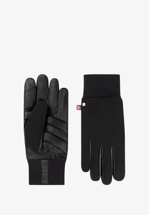 Schwarze Handschuhe mit Lederinnenhand und strukturierten Akzenten, weichem Strickbund am Handgelenk und glatter Oberfläche, designed für Komfort und Wärme.