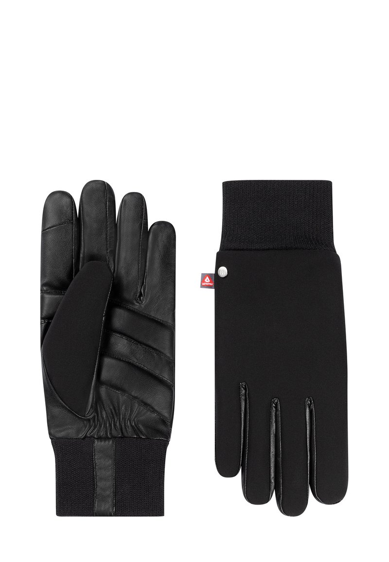 Schwarze Handschuhe mit Lederinnenhand und strukturierten Akzenten, weichem Strickbund am Handgelenk und glatter Oberfläche, designed für Komfort und Wärme.