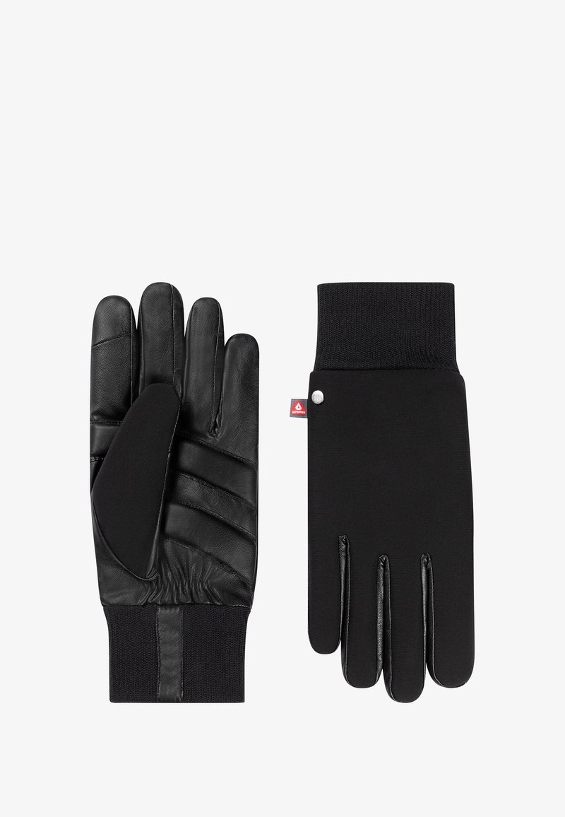 Schwarze Handschuhe mit Lederinnenhand und strukturierten Akzenten, weichem Strickbund am Handgelenk und glatter Oberfläche, designed für Komfort und Wärme.