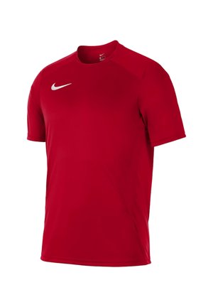 Czerwona sportowa koszulka z krótkim rękawem, okrągłym dekoltem i białym logo Nike swoosh na prawej piersi.