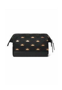 Zwarte met rits gesloten pouch met een gouden zonpatroon, met een textuur op de zwarte bodem en gladde stoffen zijkanten, geschikt voor verschillende kleine artikelen.