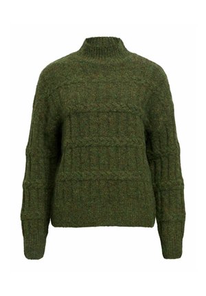 Dunkelgrüner Strickpullover mit hohem Kragen, gerippten Bündchen und strukturierten Mustern. Hat eine kastige Form und dicken, gemütlichen Stoff.