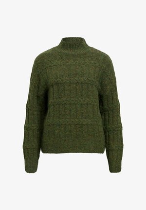 Pull en tricot vert foncé avec un col montant, des poignets côtelés et des motifs texturés. Présente une coupe ample et un tissu épais et confortable.