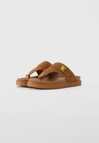 Brown suede thong sandals with thick straps, gold square buckles, and textured rubber soles on a white background.