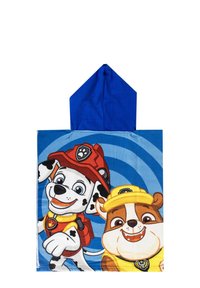 Poncho asciugamano con cappuccio per bambini in blu, con personaggi di cani dei cartoni animati, caratterizzato da uno sfondo bianco e un motivo circolare blu. Tessuto morbido.