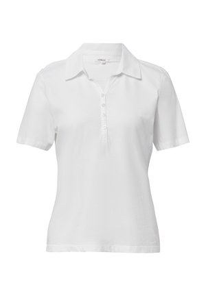 Weißes Polo-Shirt mit kurzen Ärmeln aus Baumwolle. Verfügt über einen Kragen, eine Knopfleiste mit fünf Knöpfen und einen strukturierten Stoff, der sich für die Freizeit eignet.