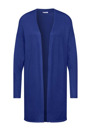 Langsleeve cardigan in effen donkerblauw, gemaakt van zacht gebreid stof. Open voorkant, ontspannen pasvorm, met details aan de zijnaden en zonder sluitingen.
