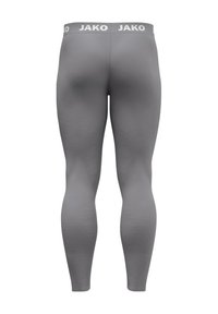Grijze leggings met een gladde textuur en een elastische tailleband met de merknaam "JAKO" in het wit. Geen extra patronen of accenten.
