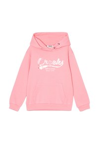 Felpa rosa realizzata in morbido tessuto, con una grande tasca frontale, cappuccio con coulisse e il logo metallico "Creeks" stampato sulla parte anteriore.
