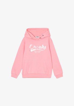 Roze hoodie van zachte stof met een grote voorklep, een capuchon met trekkoord en een metallic "Creeks" logo gedrukt op de voorkant.
