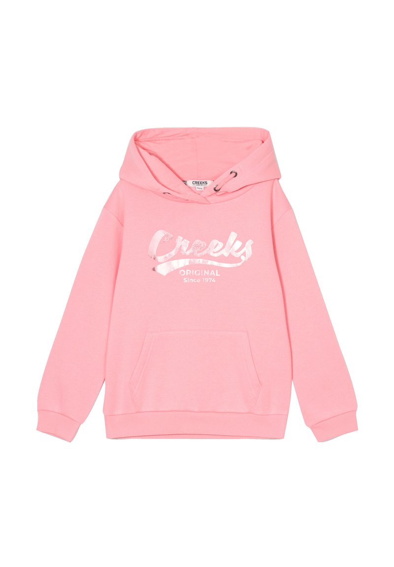 Felpa rosa realizzata in morbido tessuto, con una grande tasca frontale, cappuccio con coulisse e il logo metallico "Creeks" stampato sulla parte anteriore.