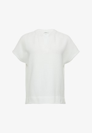 White short-sleeve pullover with a V-neck, featuring a textured striped design and a relaxed fit. Smooth fabric with a subtle sheen.