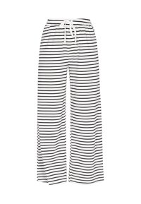 Pantaloni ampi a righe con sfondo bianco e righe orizzontali nere. Presentano un elastico in vita con lacci. Tessuto morbido.