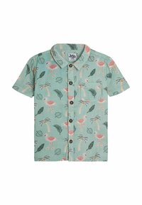 Īsām piedurknēm krekls piparmētru zaļā krāsā ar flamingo un palmu lapu rakstu. Pogas priekšā un krūšu kabata detaļām.