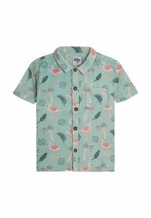 Īsām piedurknēm krekls piparmētru zaļā krāsā ar flamingo un palmu lapu rakstu. Pogas priekšā un krūšu kabata detaļām.