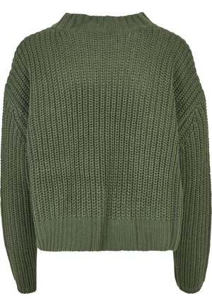 Green knitted sweater featuring a chunky texture, a rounded neckline, and ribbed cuffs and hem. The design is casual and loose-fitting.