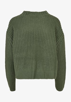 Maglione verde lavorato a maglia con trama spessa, scollo rotondo e polsini e orlo a coste. Il design è casual e dalla vestibilità ampia.