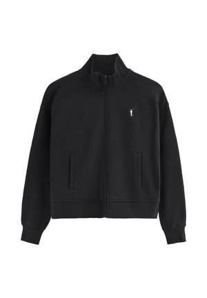 Felpa nera con zip realizzata in misto cotone. Presenta un colletto alto, due tasche frontali, polsini a coste e un piccolo logo sul petto.