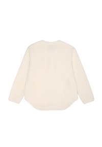 Maglione in pile di colore crema con scollatura rotonda, maniche lunghe e orlo leggermente curvo. Texture liscia senza motivi o dettagli visibili.