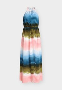 Vestido longo com alças ao pescoço e padrão em aquarela nas cores azul, verde, rosa e branco. Apresenta uma cintura elástica e textura de tecido suave.